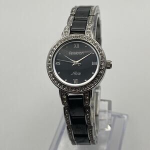 Elegant Ladies Armitron Now Crystal Silver Black Watch Working New Battery